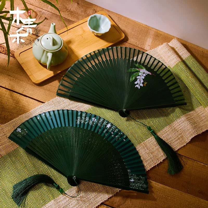 21cm Chinese style retro style green series Cherry Blossom gradient folding fan daily portable dance cheongsam fan Oasis Select
