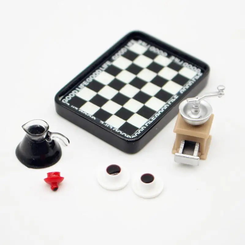 Dollhouse Miniature Coffee Maker Grinder Black And White Checkered Dinner Plate Set Model Dollhouse Accessories Pretend Play Toy Oasis Select