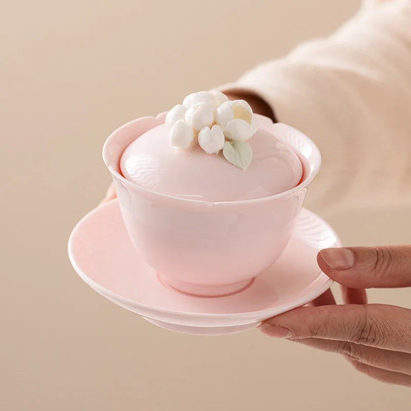 Peach Pink Pinch Flower Sancai Gaiwan Tea Cup Single High-end Handmade Household Ceramic Kung Fu Tea Set Tea Bowl Large Size Oasis Select