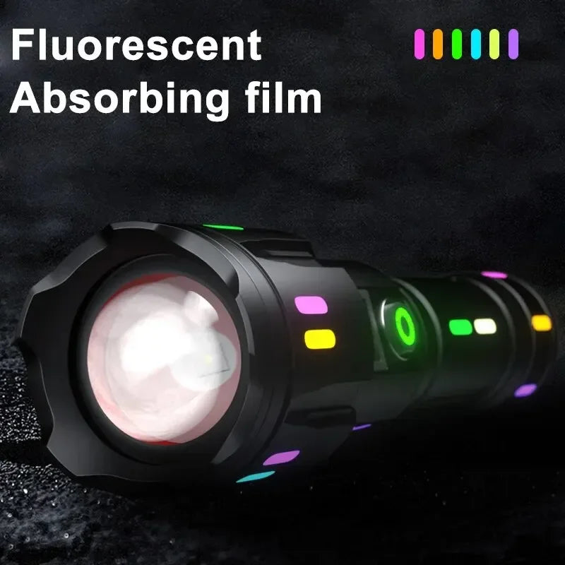 Long Range LED Flashlight High Power Spotlight Fluorescent Absorbing Film Luminous Colorful Zoom Flashlight Camping Emergency Oasis Select