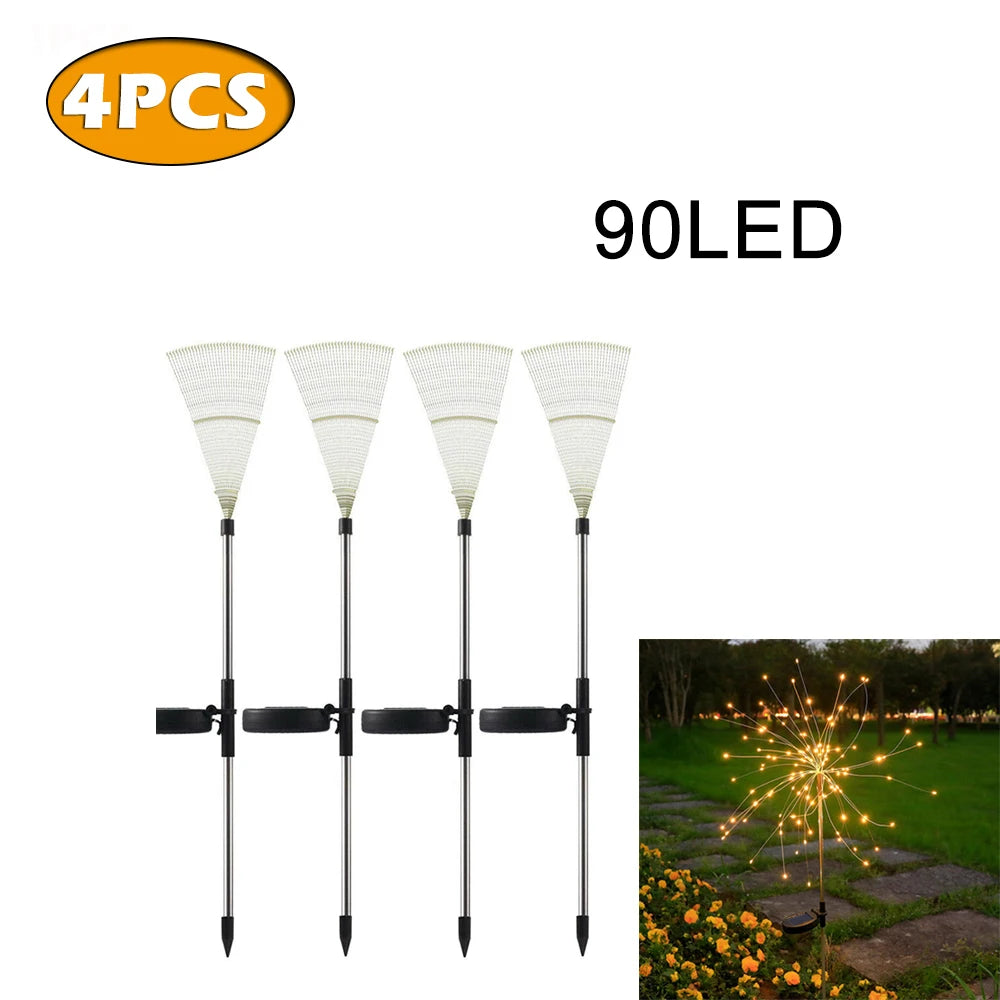 1~4PCS LED Solar Power Firework Lights Garden Decoration Fairy Lamp Waterproof Outdoor Dandelion Lawn Light Patio Garden Decor Oasis Select 90LED 4PCS