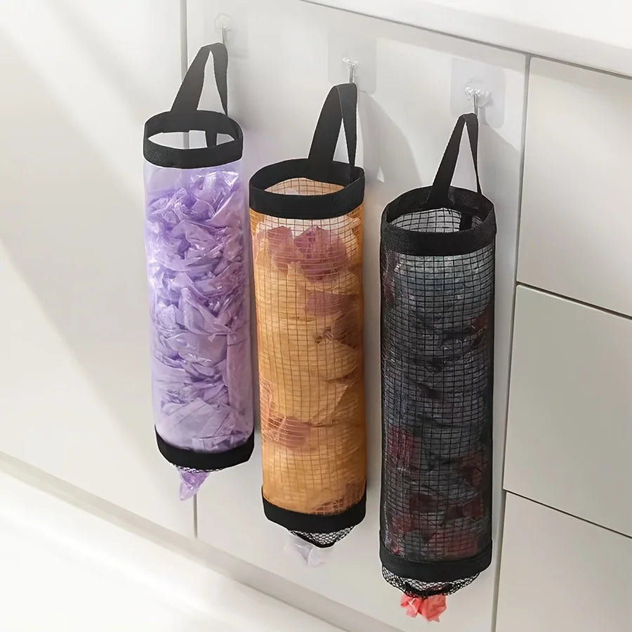 2pcs Wall-Mounted Kitchen Plastic Bag Holder, Foldable Mesh Hanging Dispenser, Reusable Garbage Bag Organizer Oasis Select