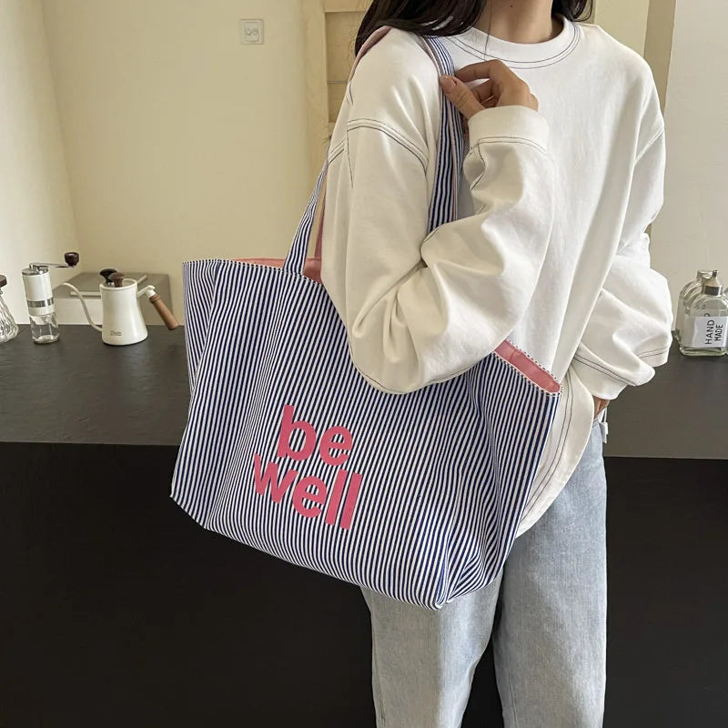 Large Capacity Tote Double-sided New Striped Casual Single Shoulder Textured Embroidered Canvas Bag for Students Oasis Select