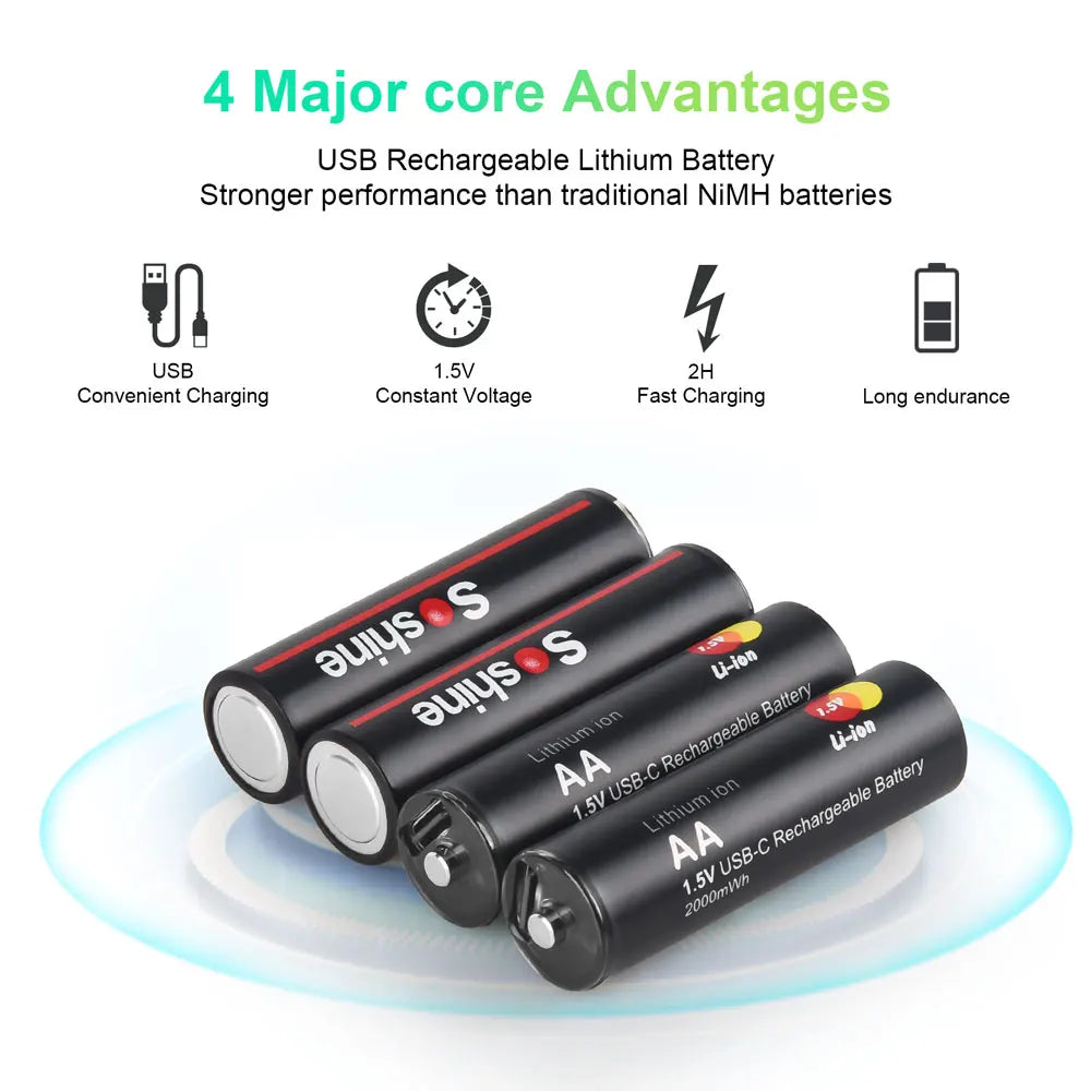 Soshine Original Li-ion AA Rechargeable Batteries USB Lithium battery 2000mWh 1.5V AA Rechargeable Batteries with Charging cable Oasis Select