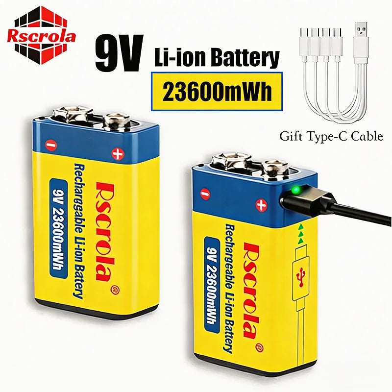Long-Lasting 9V Lithium ion Rechargeable Battery 23600mWh High Capacity for Guitar Microphone Smoke Detector Pedal with Cable Oasis Select