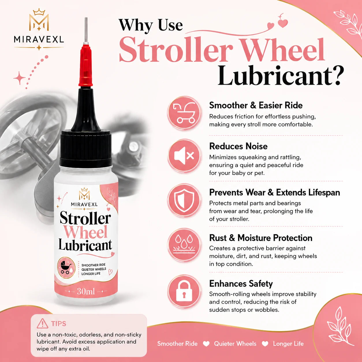 MIRAVEXL Stroller Wheel Lubricant 30ml for Smooth Quiet Ride, Baby & Pet Strollers, ReducesFriction, Extends Wheel Life Oasis Select
