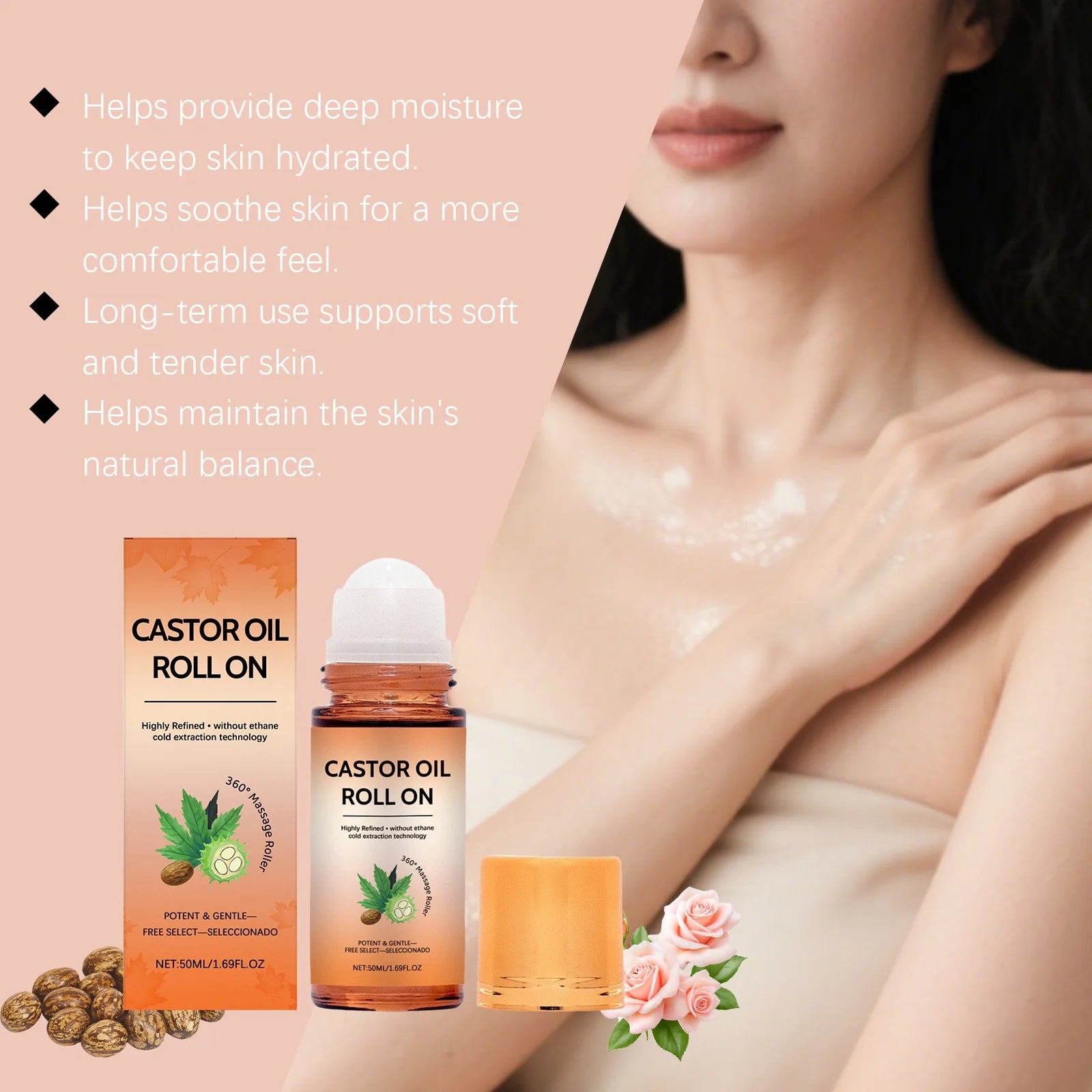Natural Castor Oil Roll-On for Hair & Skin Care, 360° Massage Roller Deep Hydration Anti-Frizz Scalp Treatment Body Moisturizer Oasis Select