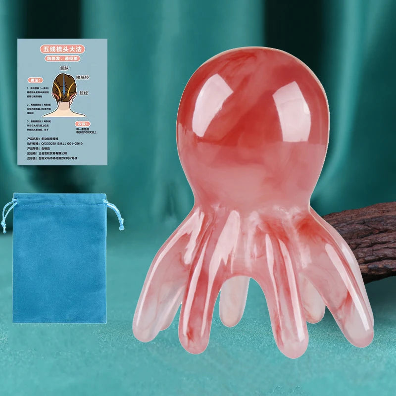 Resin Octopus Massage Comb Head Meridian Scraping Scalp Massage Brush Acupuncture Gua Sha Massage Comb Fatigue Relief Massage Oasis Select Pink 2