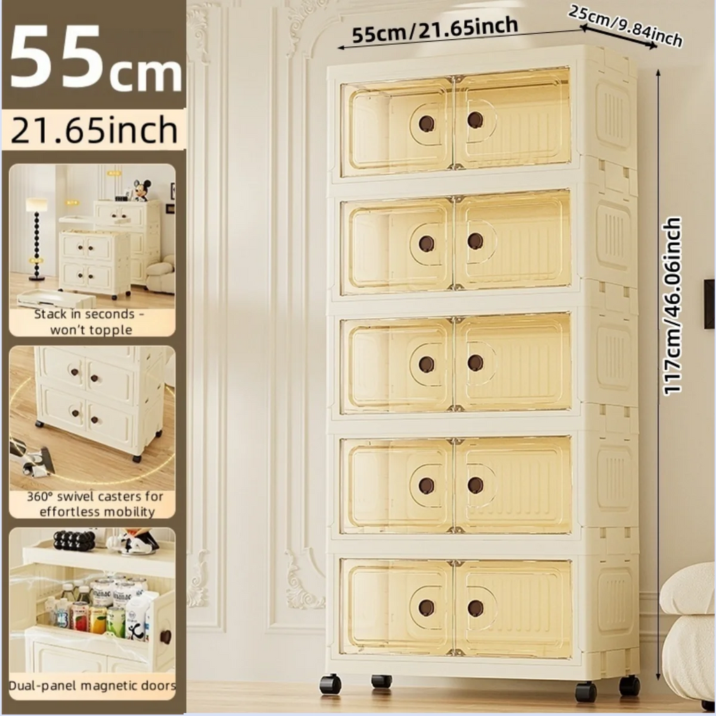 55cm Foldable Large Double-Door Storage Cabinet with Swivel Casters,3-6 Tier,Bedroom/Kitchen/Living Room Oasis Select Yellow-5-Layers
