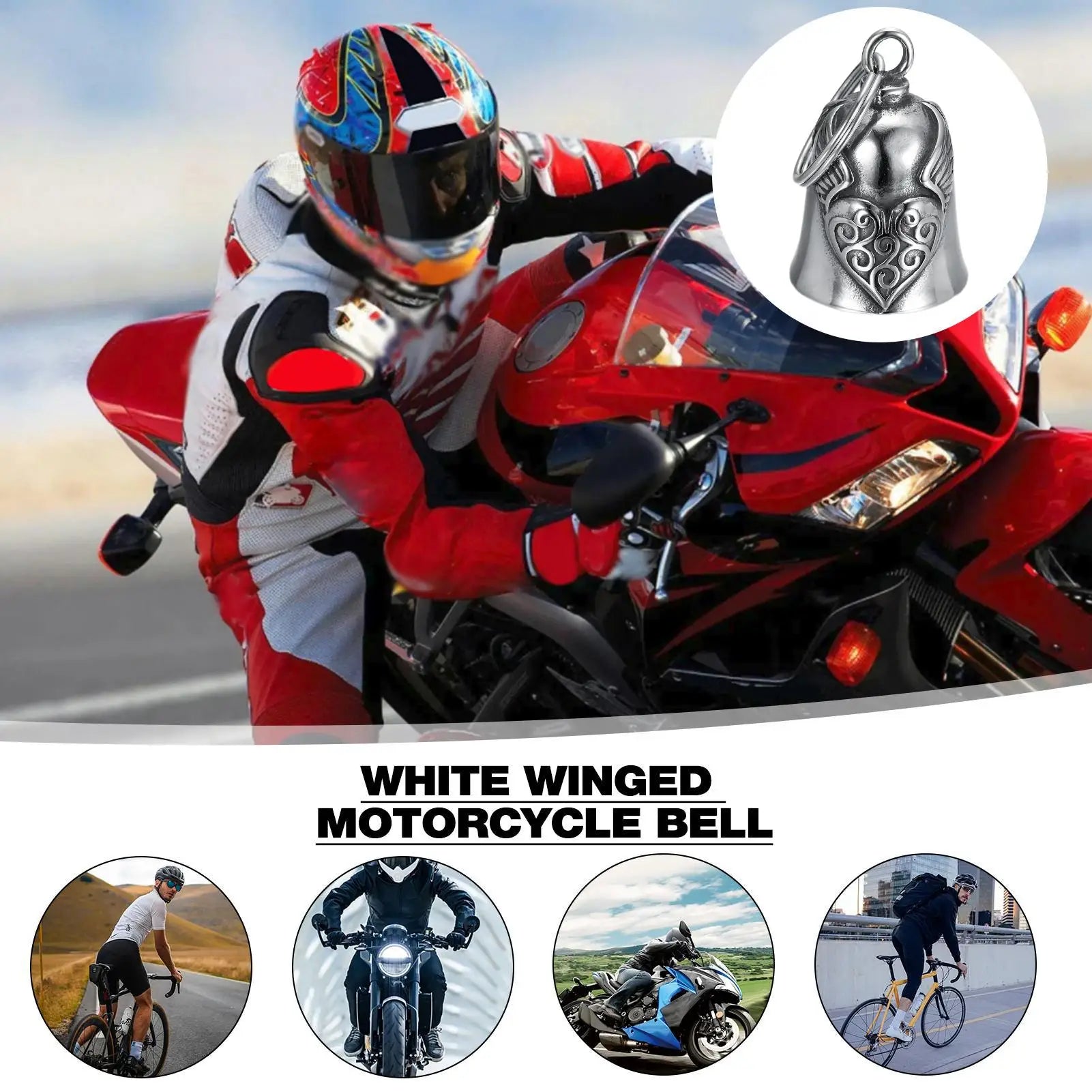Heart Wing Motorcycle Bell Pendant Heart Lucky Bell style riding Bell Good Luck Bell Retro Motorcycle Safety Bell decoration Oasis Select