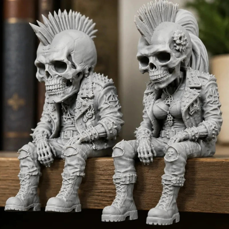Rock Punk Skull Couple Figurine 3DPrinted Sitting Posture Edge Cool Skeleton Statue Gothic Desk Decor for Bookshelf Gaming Table Oasis Select