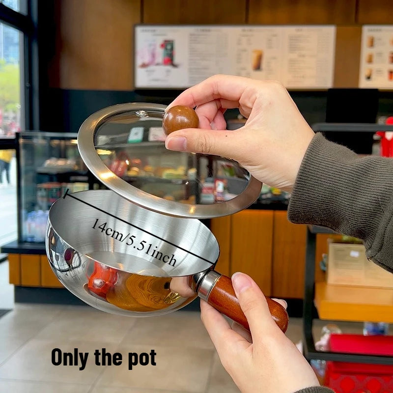 1pcs Heatproof Wood Handle Stainless Steel Milk Pot Non-slip Bottom Even Heating & Induction Cooker Available Oasis Select 14cm