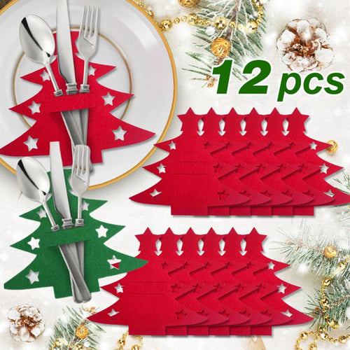 12pcs, Christmas Tree Placemats, Felt Fork and Spoon Bag Set, Suitable for Christmas and Other Holiday Party Table Decoration Oasis Select