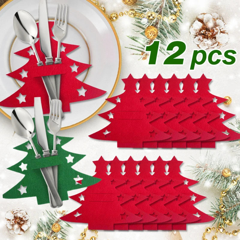 12pcs, Christmas Tree Placemats, Felt Fork and Spoon Bag Set, Suitable for Christmas and Other Holiday Party Table Decoration Oasis Select