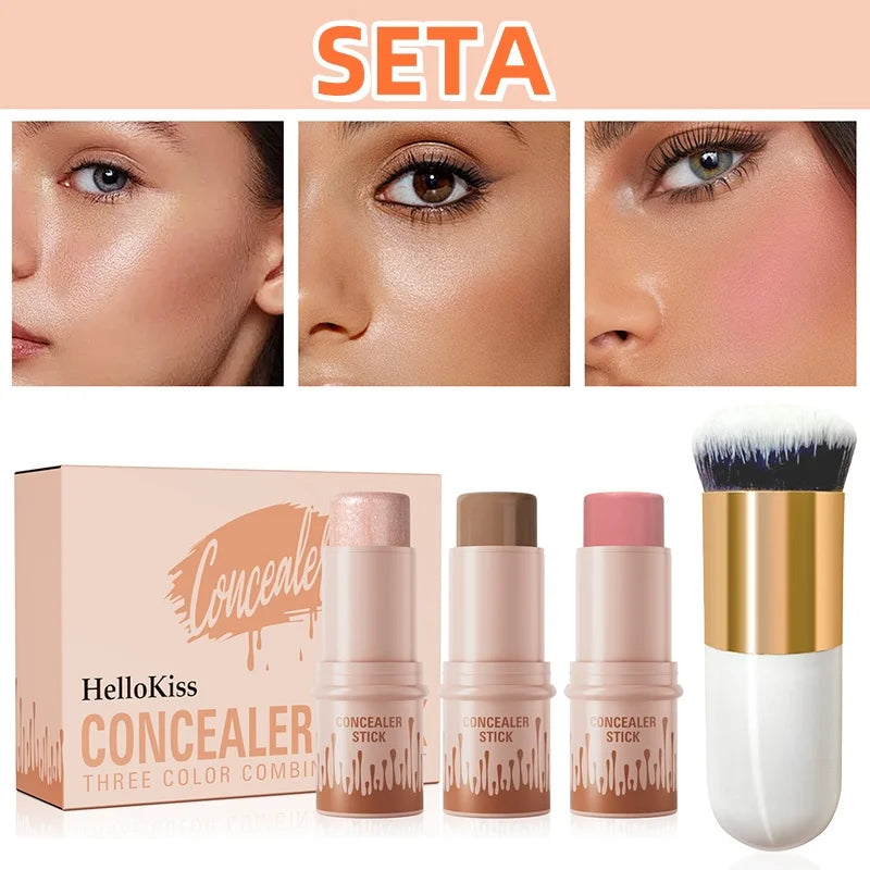 Hello Kiss 4-Piece Contour Highlight Blush Stick Set & Brush