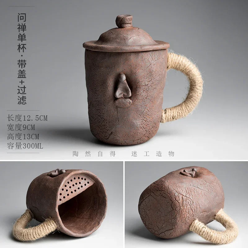 Handmade thick ceramic mug with lid spoon creative tie rope ceramic large capacity Japanese coffee cup cups Oasis Select 4 301-400ml