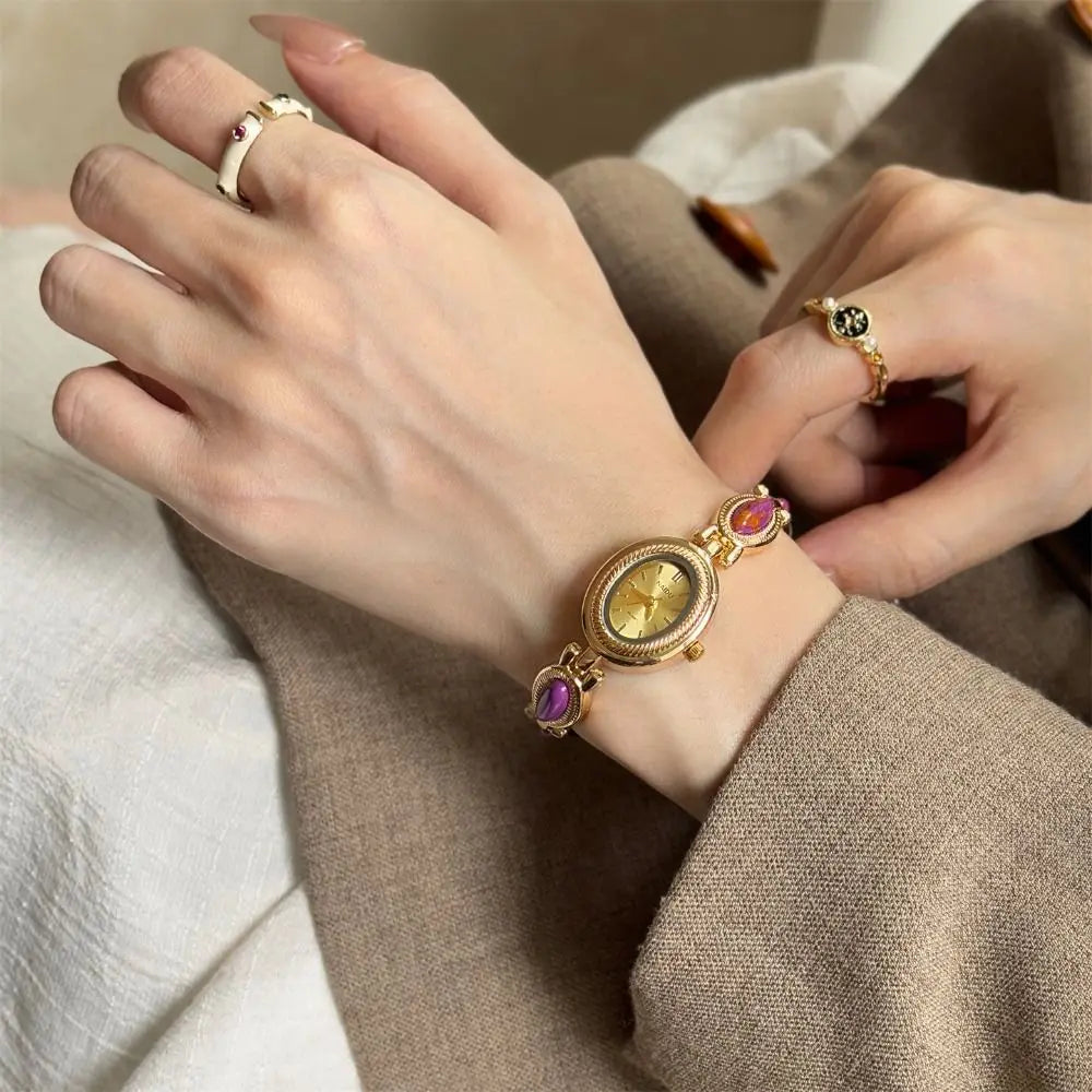 New Colored Gemstones Ladies Watch Oval Luxury Quartz Watch Gift Elegant Wristwatch Oasis Select