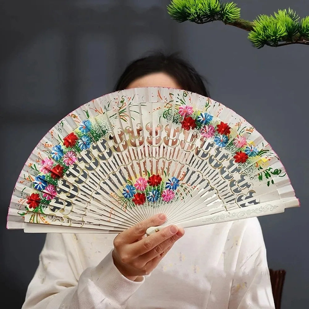 Traditional Classic Hand-painted Fan Colorful Hand Crafted Chinese Style Fan Antique Decorative Folding Fan Photography Prop Oasis Select White