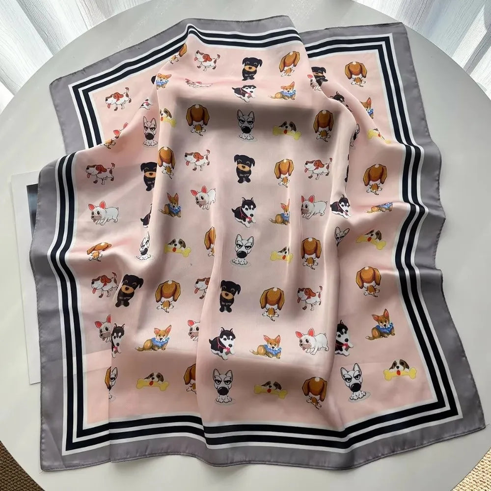 Cute 70x70cm Women Square Scarf Soft Silk Satin Cartoon Dog Print Shawl Hijab Fashion Accessory Oasis Select