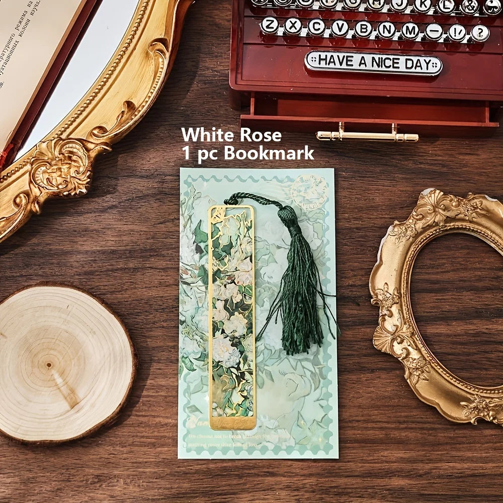 Vintage Oil Painting Metal Bookmarks - Hollow Hot Stamping Long Tassel Bookmarks - Stationery Gifts for Book Clubs, Book Lovers, Oasis Select White Rose