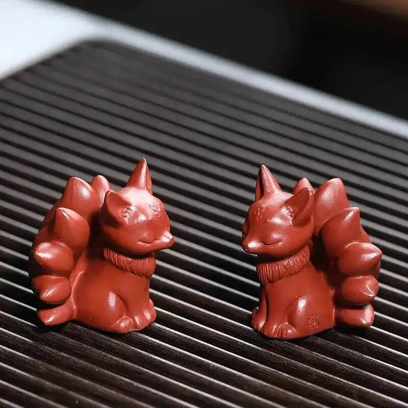 Yixing Original Clay Tea Pet Fox Ornament Dahongpao Nine-tailed Fox Sculpture Tea Table Ornament Creative Tea Play Figurine Oasis Select