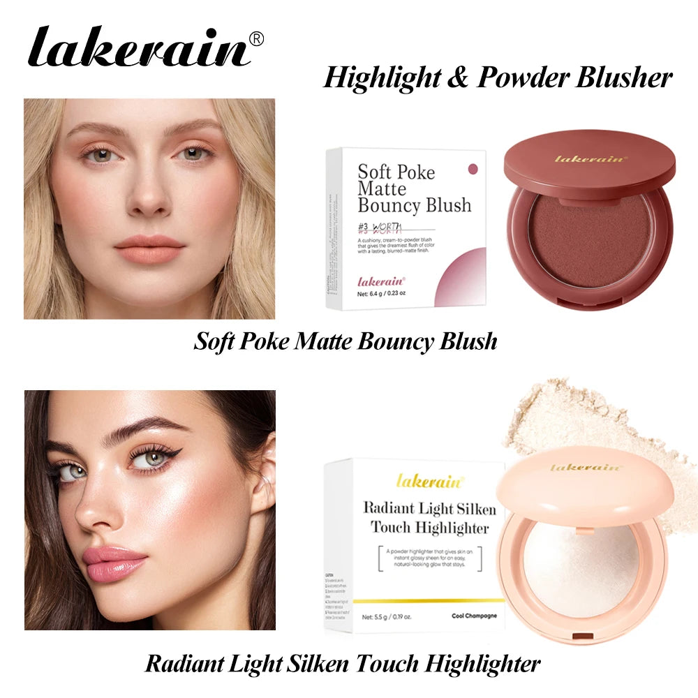 Matte Blush & Silken Touch Highlighter Set Smooth Texture Non-Flying Powder Fine Pearl Glow Waterproof Long Lasting Face Makeup Oasis Select B