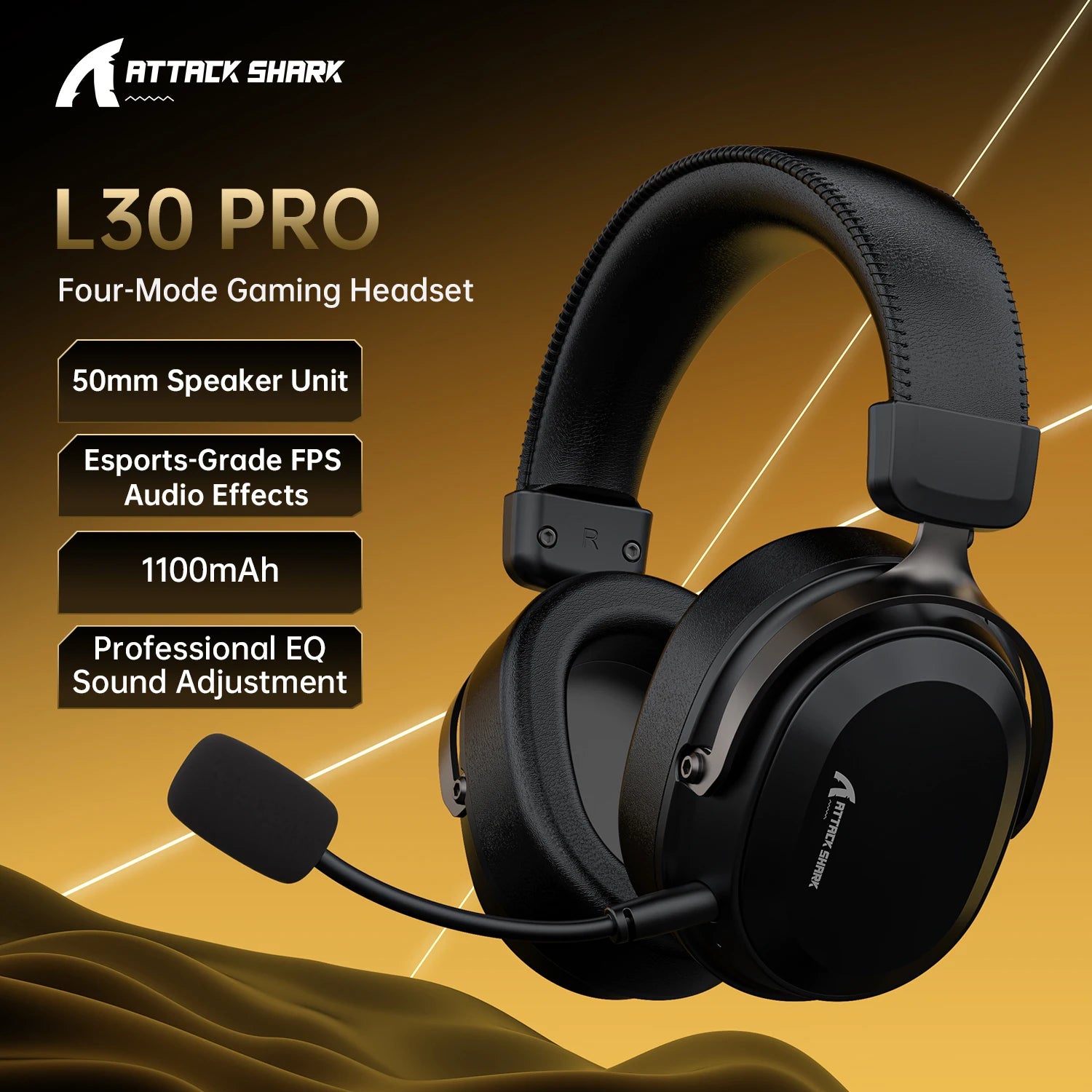 Attack Shark L30PRO 4 Mode Game Headset 2.4G Wireless BT USB 3.5mm Virtual 7.1 Surround 50mm Driver 10ms Low Latency for PC PS5 Oasis Select L30pro Black