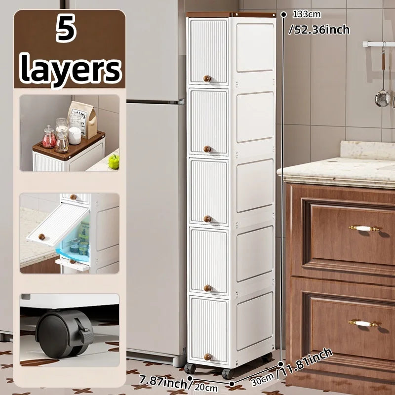 Slim Cabinet 20cm Wide Rolling Storage 2-6 Tiers Large Capacity Space-Saving Heavy-Duty for Kitchen Living Room Bedroom Oasis Select White-5 Layers
