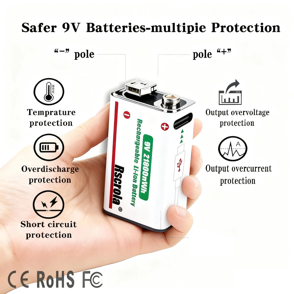9V Lithium ion Rechargeable Battery 21800mWh High Capacity Long-Lasting for Guitar Microphone Smoke Detector Pedal with Cable Oasis Select