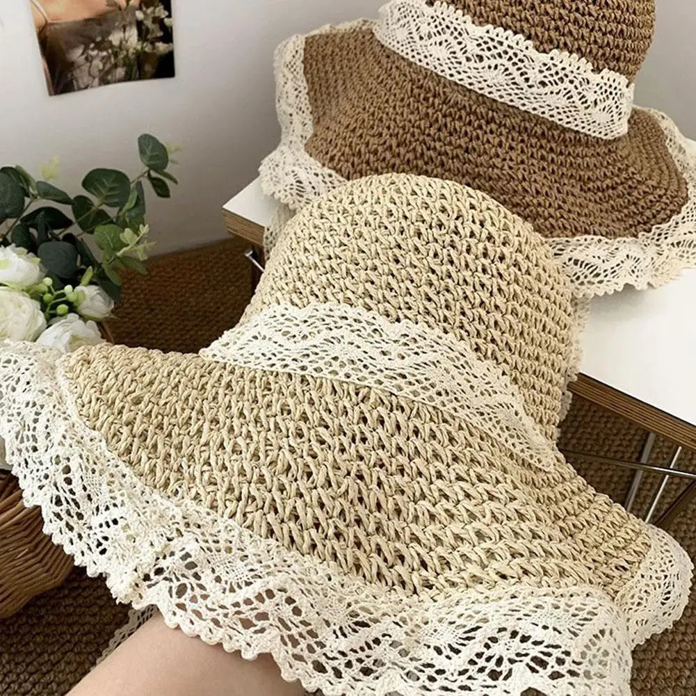 Women's Wide Brim Straw Sun Hat – Lace Beach UV Protection