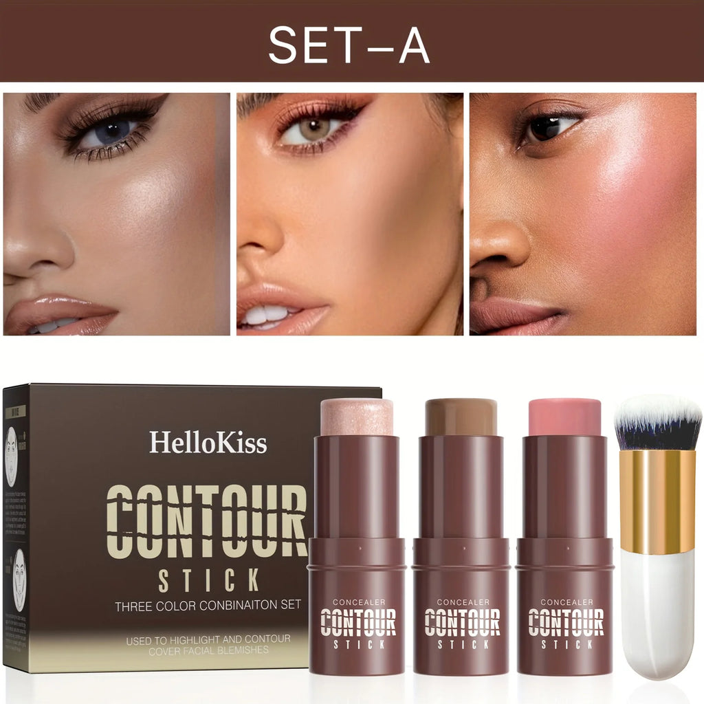 Hello Kiss 4-Piece Cream Contour Kit – Stick & Brush Set