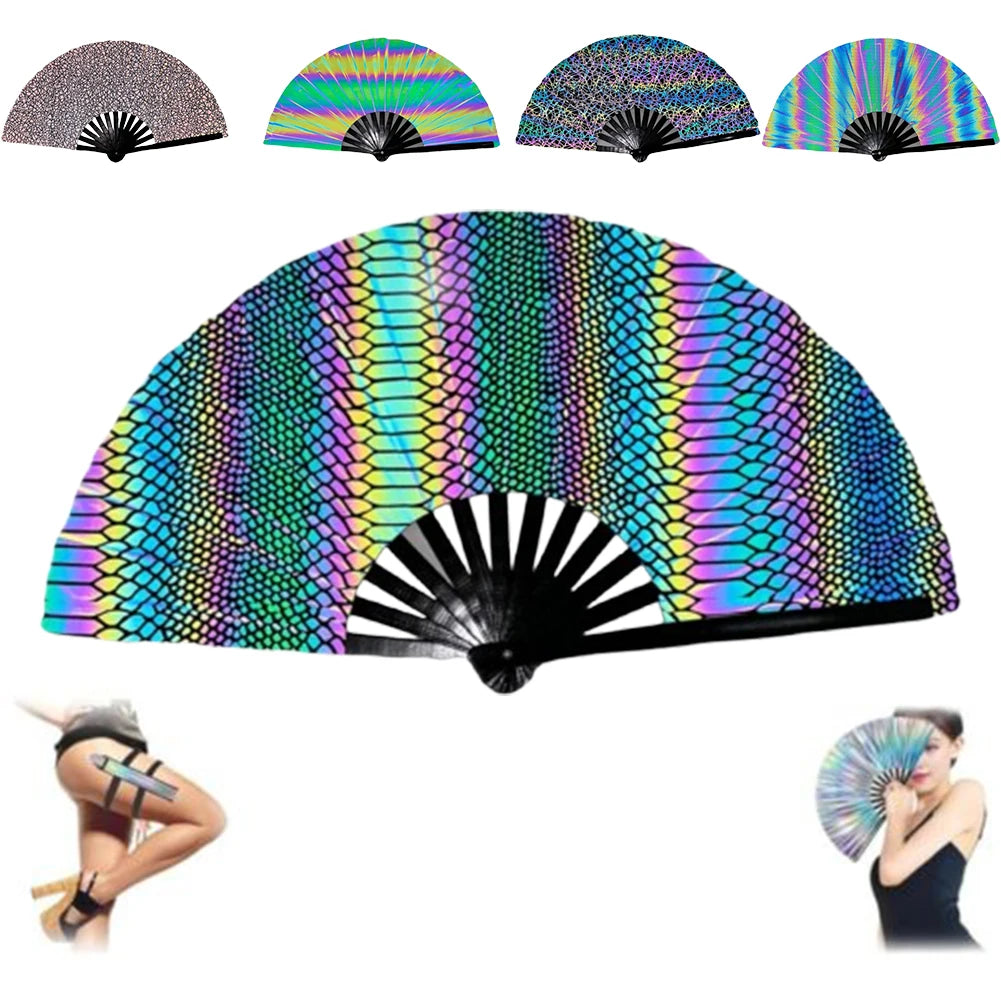 New Foldable Bamboo Fan 33cm Lightweight Holding Laser Colors Hand Fan Portable PVC Clack Clapping Fans for Line Dancing Oasis Select