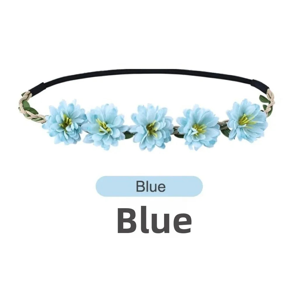 Pink Rose Floral Wreath Crown Hand Woven Adjustable Ribbon Bohemia Garland Headpiece Vintage Elegant Wedding Hair Accessories Oasis Select Blue
