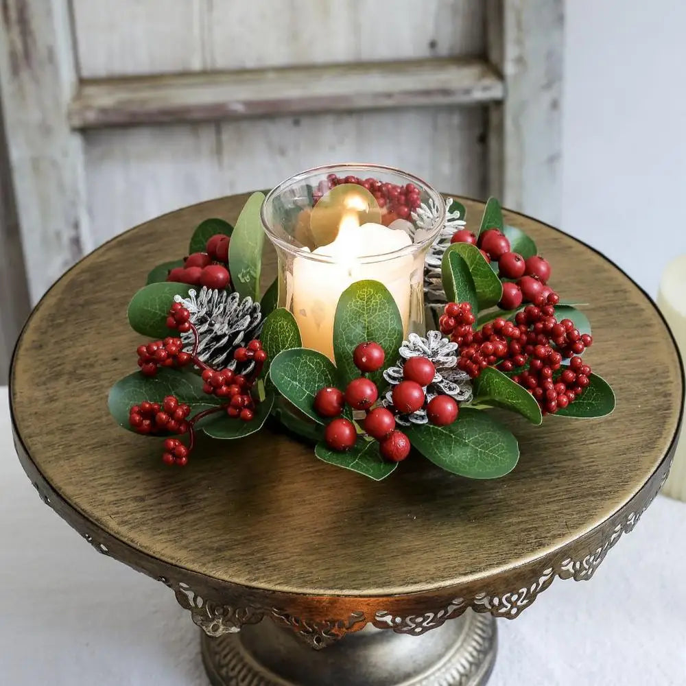 Christmas Candlestick Wreath Red Fruit Artificial Flowers Candle Ring Xmas New Year Table Decoration Candle Holder Garland Oasis Select A