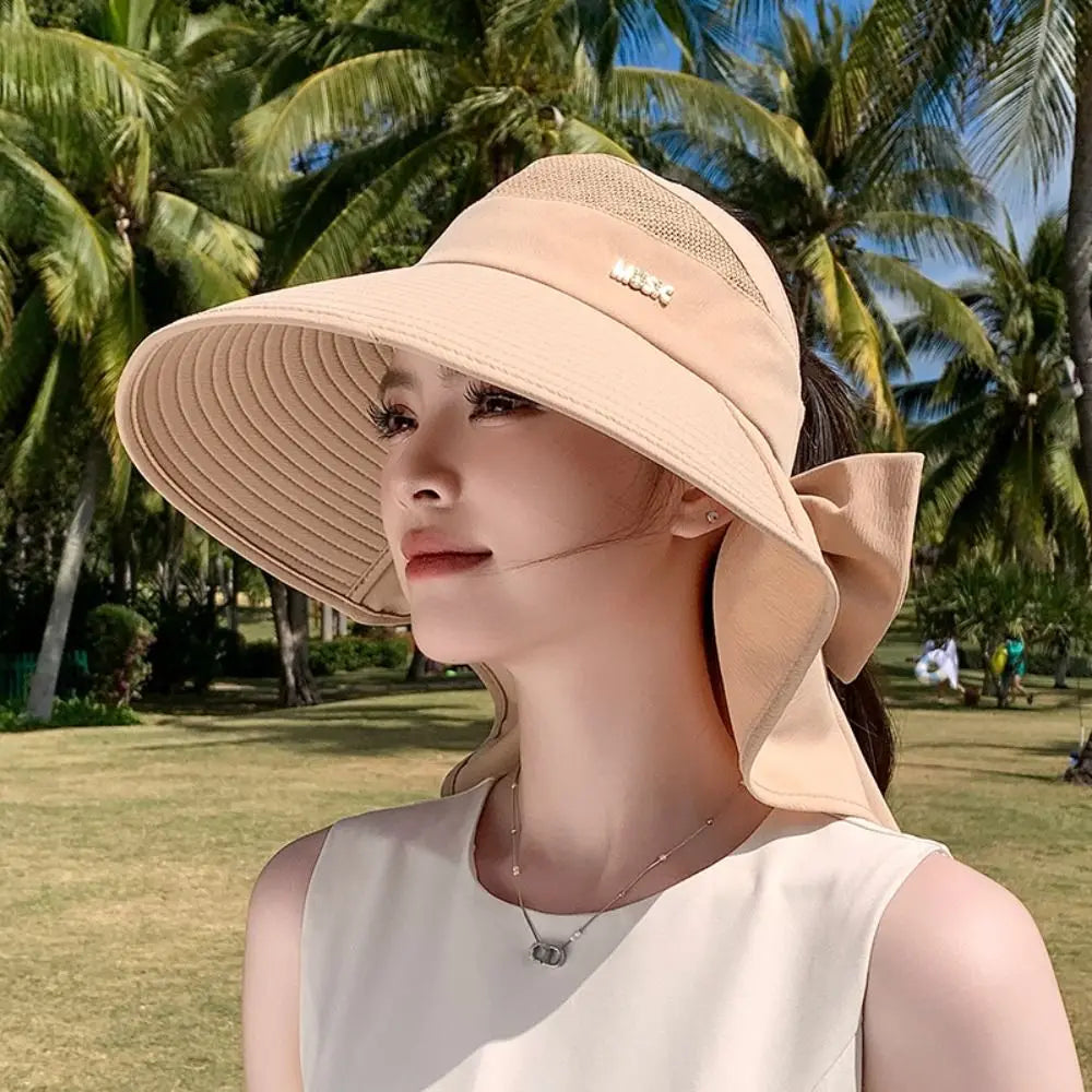 Summer Large Brim Sun Hat Neck Protection Anti-UV Empty Top Ponytail Cap Sun Protection Breathable Beach Shawl Hat Oasis Select
