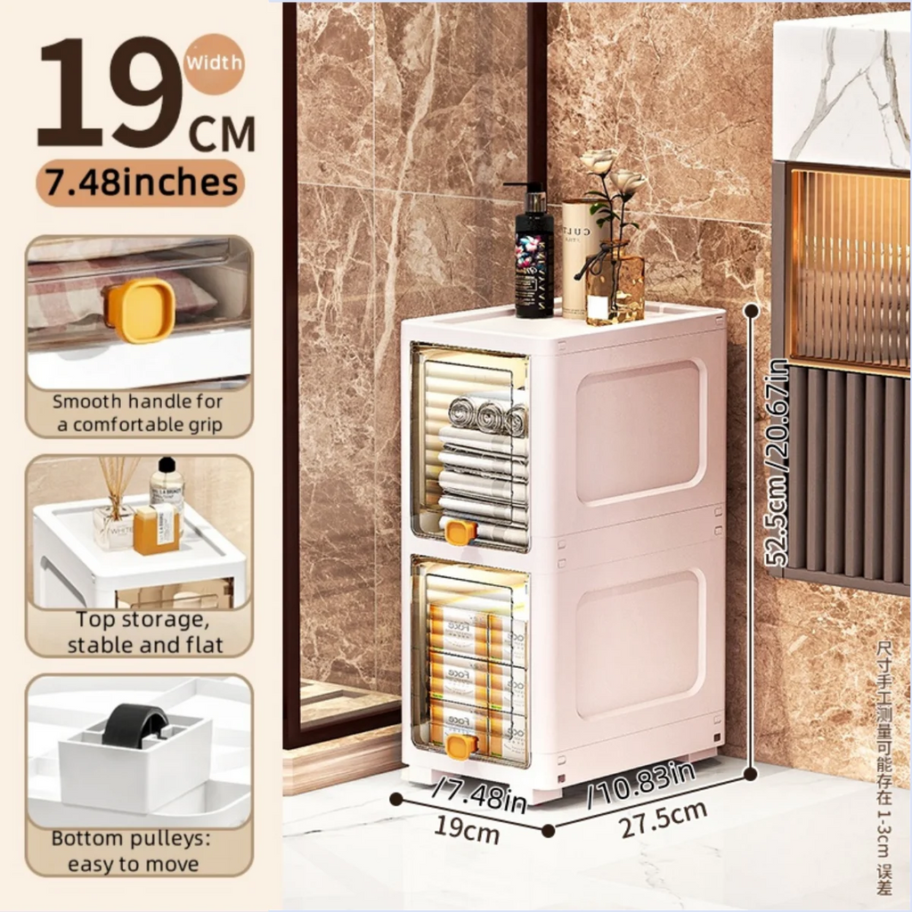 19cm Narrow Cabinet with Flip Lid Large Capacity Adjustable Shelves Organizer for Kitchen Bathroom Bedroom Living Room Oasis Select 2 Tiers Clear White