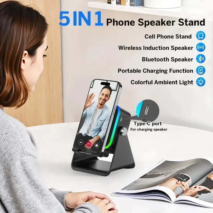 5 In 1 Auto-induction Wireless Bluetooth 5.3 Speaker HIFI Sound Portable Phone Holder Speaker with RGB Lights Oasis Select