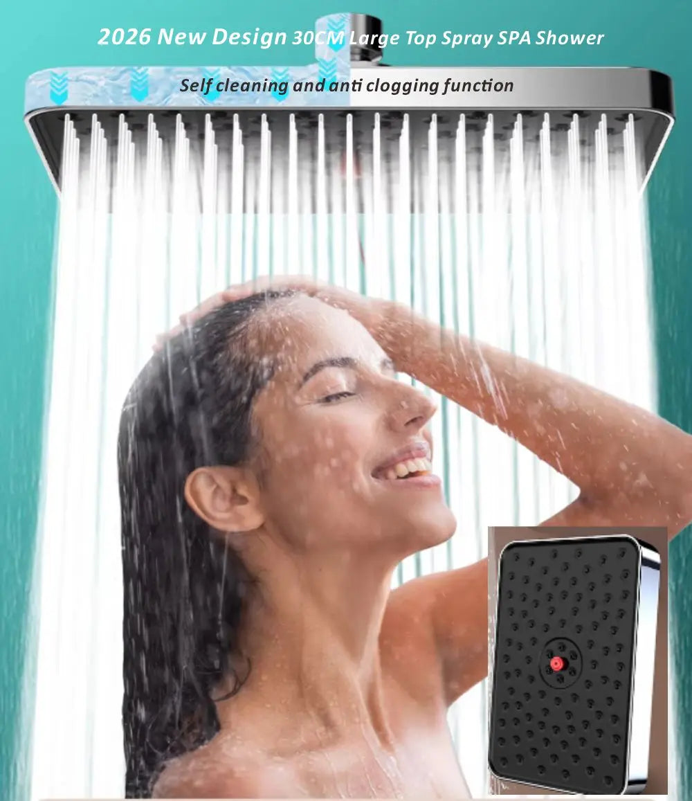 New 30cm Self Cleaning and Anti Clogging High Pressure Overhead Large Flow Booster Rain Shower Head 360° Rotation Water Saving Oasis Select