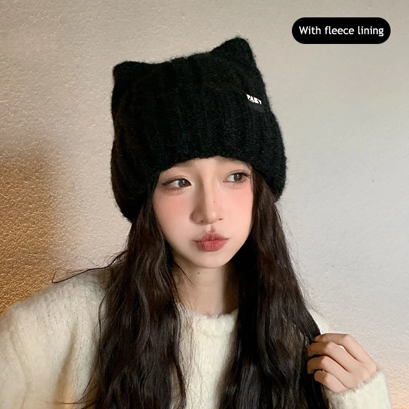 Cat Ear Knitted Beanie – Korean Style Winter Hat for Women