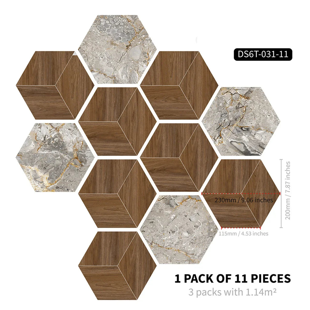 Marble wood grain self-adhesive hexagonal floor stickers waterproof home decoration hexagonal art Mosaic floor stickers Oasis Select DB-6T11P-031-CC 20cm x 23cm 11pcs