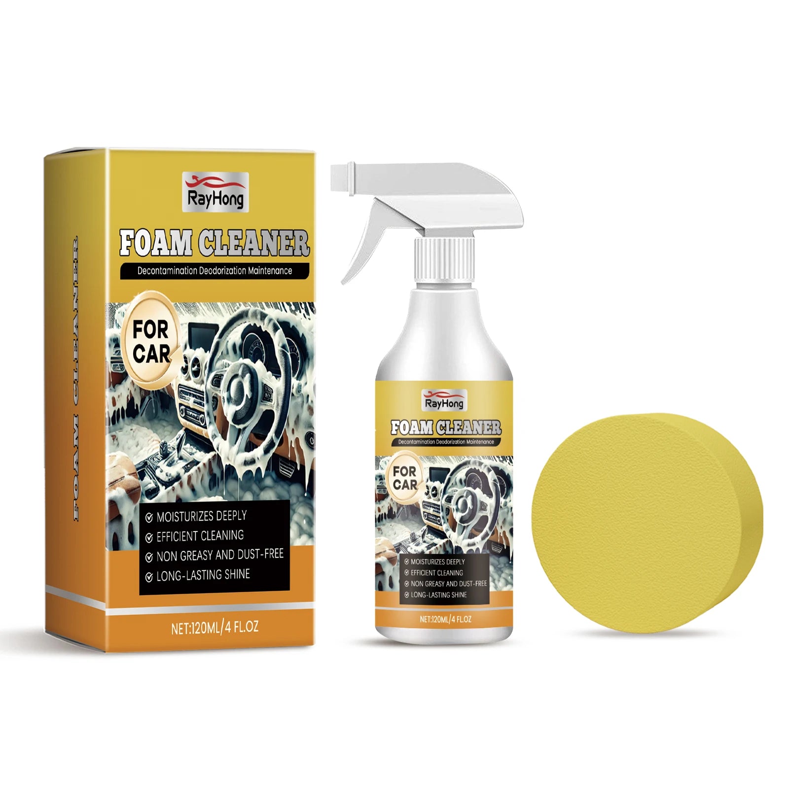 Car Foam Cleaner Spray 120ml with Sponge Stain & Odor Remover for Auto Interior/Exterior, Non-greasy Dust-Free Maintenance Spray Oasis Select 120ml boxed