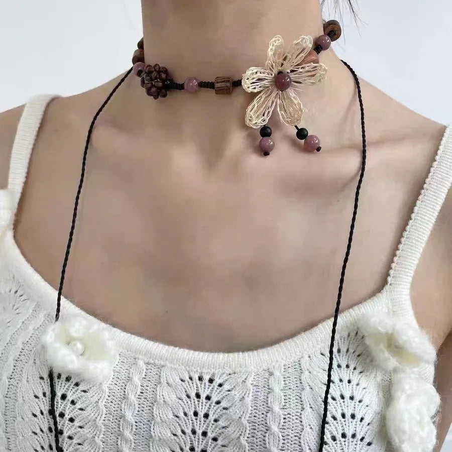Retro New Flower Beaded Necklace Chinese Style Wood Bead Weaving Long Braided Rope Clavicle Chain Women's High Grade Neck Chain Oasis Select