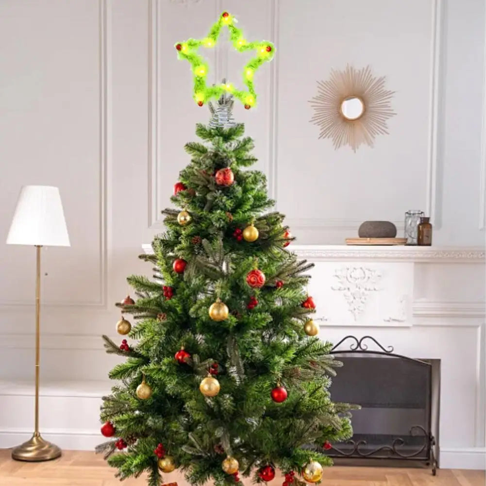 Christmas Fuzzy Grinch Star Tree Topper Iron Green Plush Holiday Festive Creative Home Party Decor Ornament Oasis Select