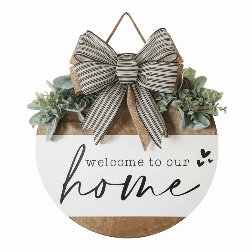Creative 2D Flat Welcome Sign Wooden Bow Knot Hanging Decoration Flower Round Shape Wall Art Porch Decor Oasis Select Style C