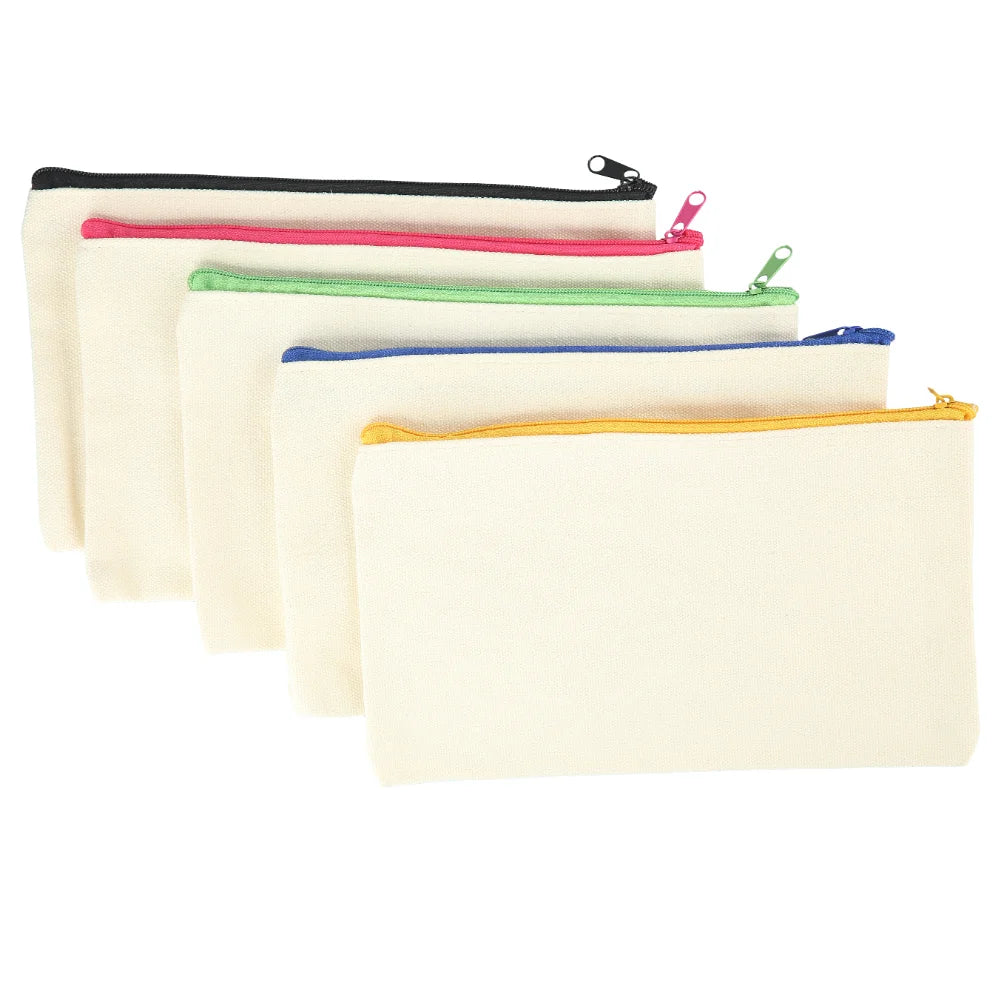 Blank DIY Canvas Bag Cosmetic Makeup Pouches Pencil Zipper Bag Storage Organizer Travel Toiletry School Stationery Supplies Oasis Select Beige Color
