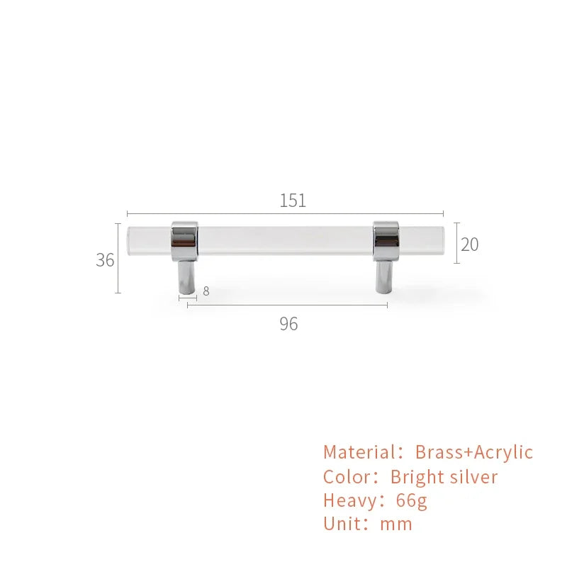 Brass Transparent Furniture Handles Modern Minimalist Acrylic Silver Gold Wardrobe Cupboards Dresser Drawer Kitchen Knobs Oasis Select B2-96mm