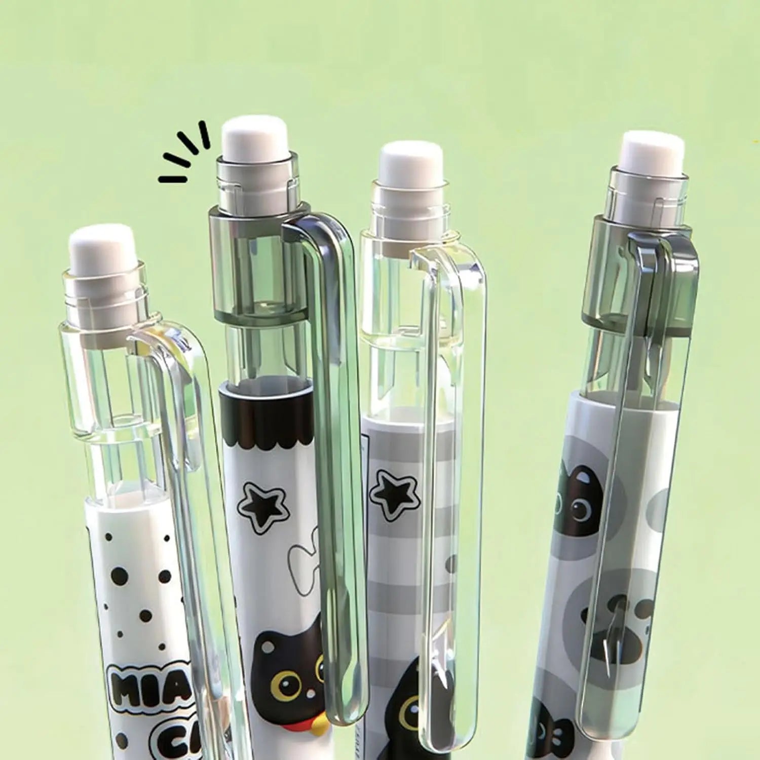 6pc Cute automatic pencil with eraser, 0.5mm lead, featuring a cartoon black cat design, suitable for students, boys, and women. Oasis Select