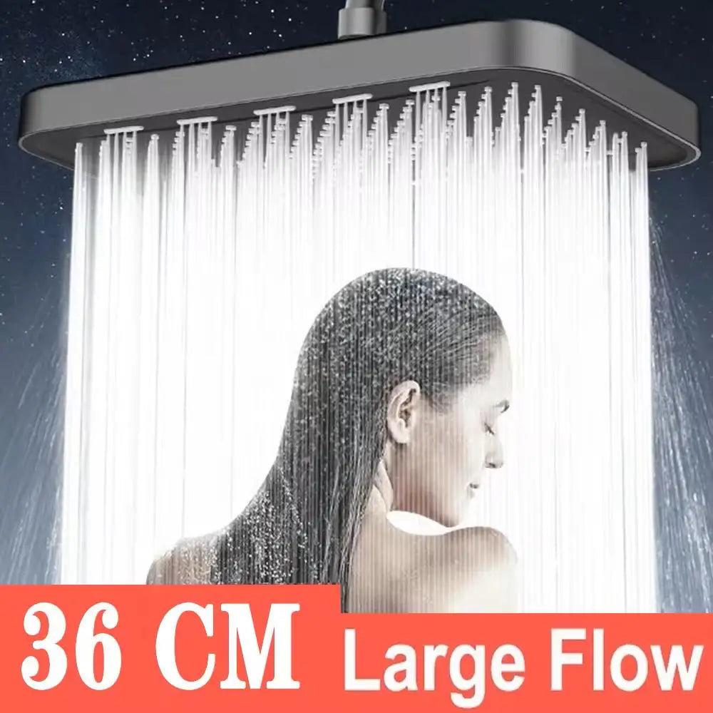 New 36CM High Pressure Top Spray Rain Shower Head Larger Flow Supercharge Rainfall Showerhead 360° Swivel Water Saving Set Oasis Select