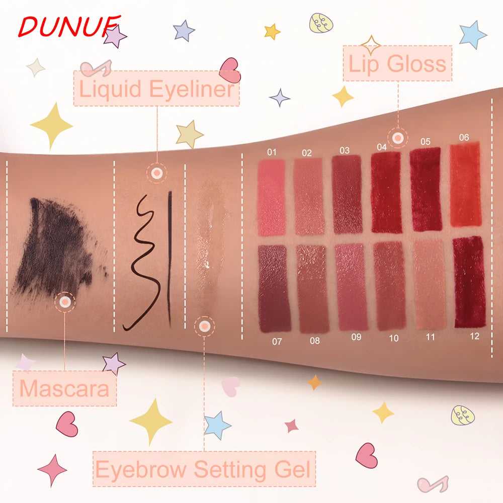 DUNUF 4-in-1 Makeup Gift Set Waterproof Long-Lasting Mascara Liquid Eyeliner Brow Setting Gel Moisturizing Lip Gloss with Mirror Oasis Select