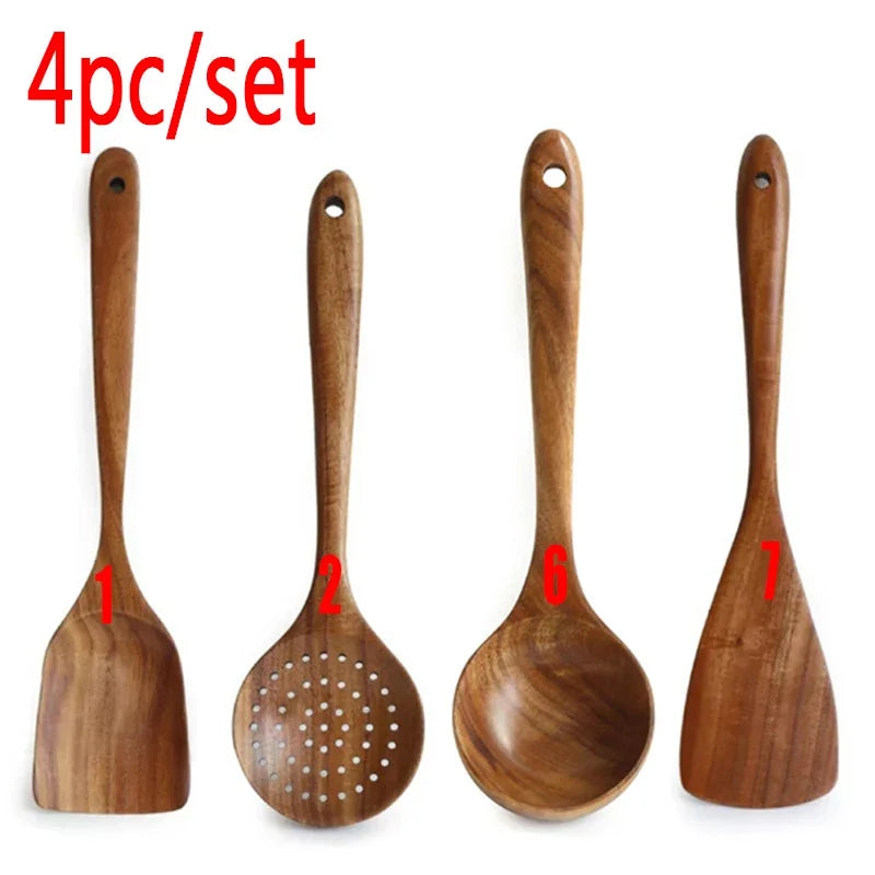 7pcs/set Teak Natural Wood Tableware Spoon Ladle Turner Rice Colander Soup Skimmer Cooking Spoon Scoop Kitchen Reusable Tool Kit Oasis Select 4pc